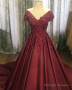 Lace Flowers Beaded Cap Sleeves Satin Prom Dresses Ball Gown