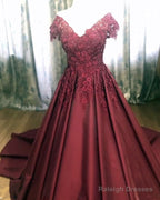 Lace Flowers Beaded Cap Sleeves Satin Prom Dresses Ball Gown