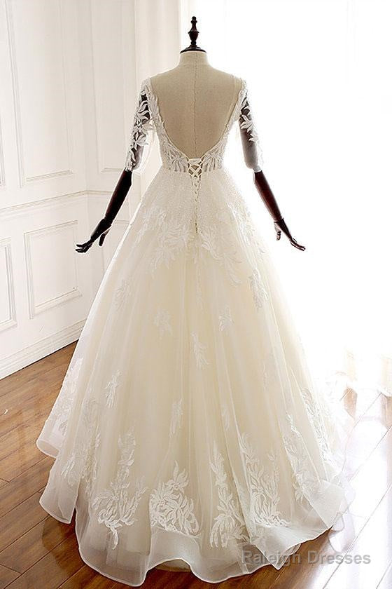 Lace Half Sleeve Long White V Neck Tulle Wedding Dress