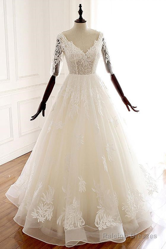 Lace Half Sleeve Long White V Neck Tulle Wedding Dresses Main image