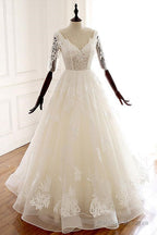 Lace Half Sleeve Long White V Neck Tulle Wedding Dresses