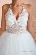 Lace Halter See-through Multi-Layers White Wedding Dresses with Open Back