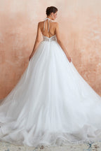 Lace Halter See-through Multi-Layers White Wedding Dresses with Open Back