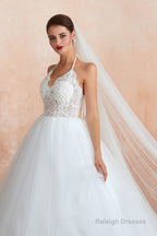 Lace Halter See-through Multi-Layers White Wedding Dresses with Open Back