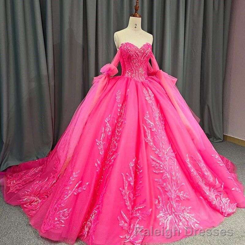 Lace Hot Pink Sequins Ball Gown Quinceaera Dress