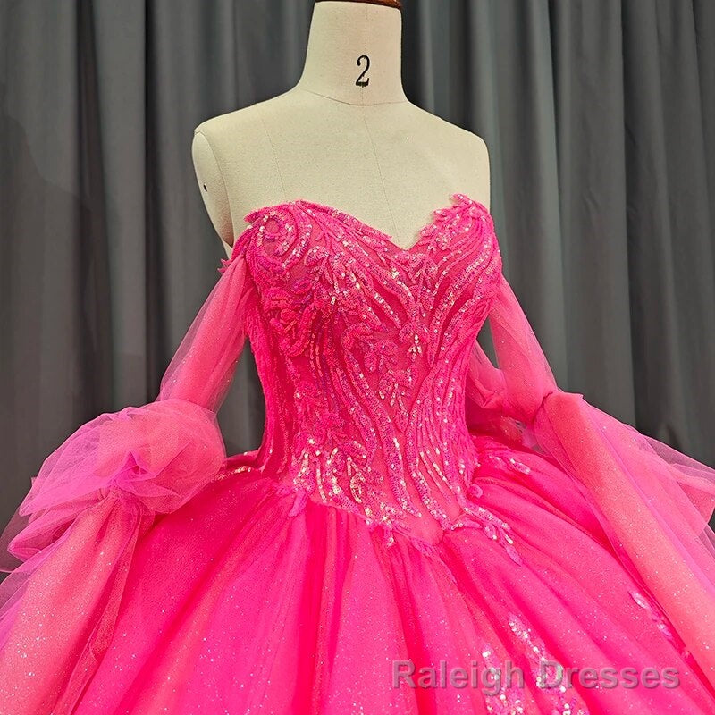 Lace Hot Pink Sequins Ball Gown Quinceaera Dress