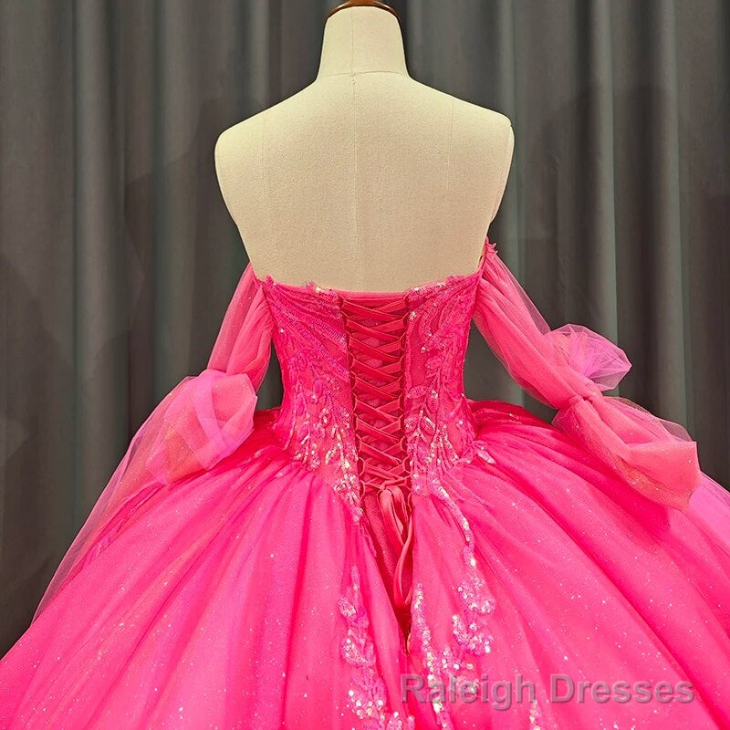 Lace Hot Pink Sequins Ball Gown Quinceaera Dress