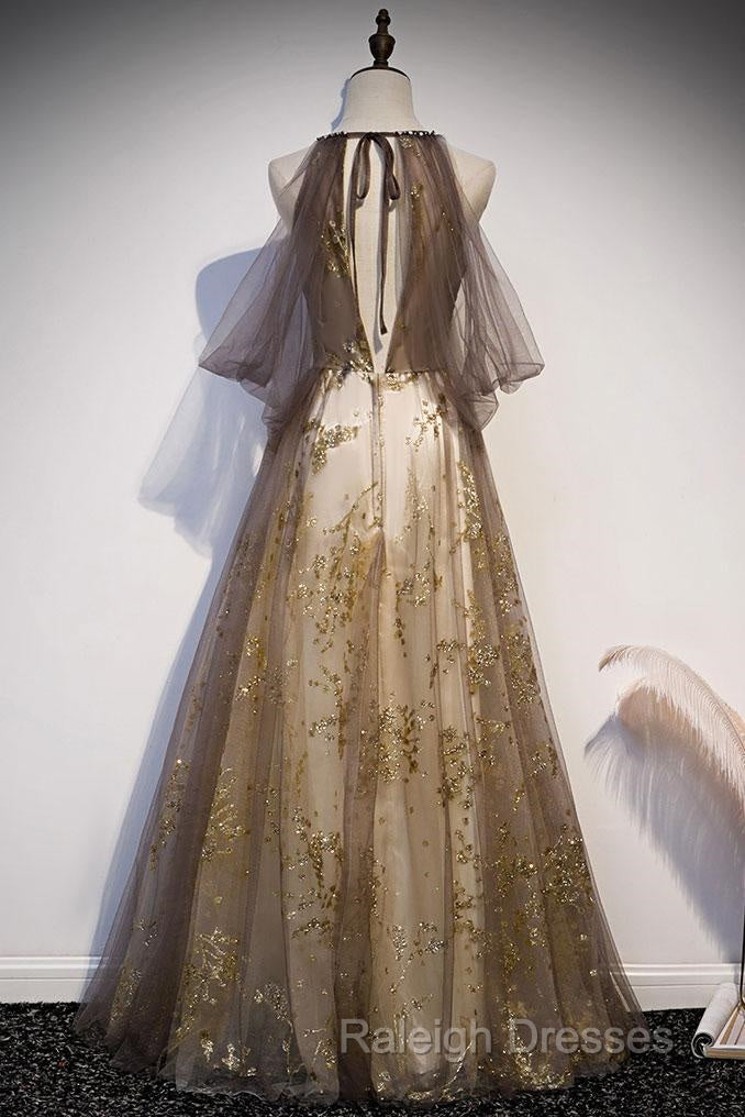 Lace Long Appliques Champagne Tulle Prom Dresses Secondary image