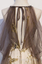 Lace Long Appliques Champagne Tulle Prom Dress