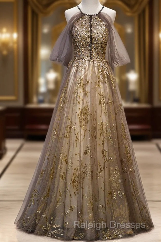 Lace Long Appliques Champagne Tulle Prom Dress Main image