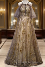 Lace Long Appliques Champagne Tulle Prom Dress