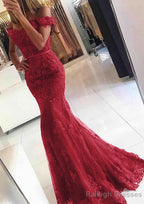 Lace Long Dress Floor Length Trumpet/Mermaid Sleeveless Off-The-Shoulder Zipper Prom Dress With Appliqued Beaded