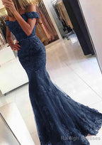 Lace Long/Floor-Length Trumpet/Mermaid Sleeveless Off-The-Shoulder Zipper Prom Dresses With Appliqued Beaded