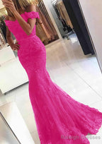 Lace Long/Floor-Length Trumpet/Mermaid Sleeveless Off-The-Shoulder Zipper Prom Dresses With Appliqued Beaded