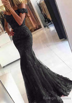 Lace Long Dress Floor Length Trumpet/Mermaid Sleeveless Off-The-Shoulder Zipper Prom Dress With Appliqued Beaded
