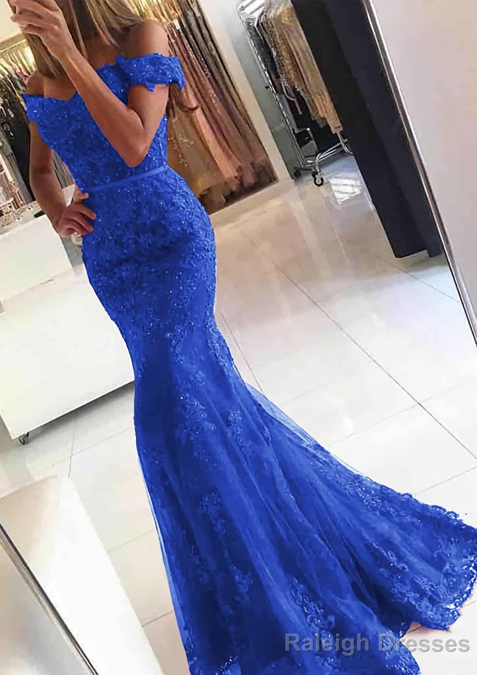 Lace Long Dress Floor Length Trumpet/Mermaid Sleeveless Off-The-Shoulder Zipper Prom Dress With Appliqued Beaded
