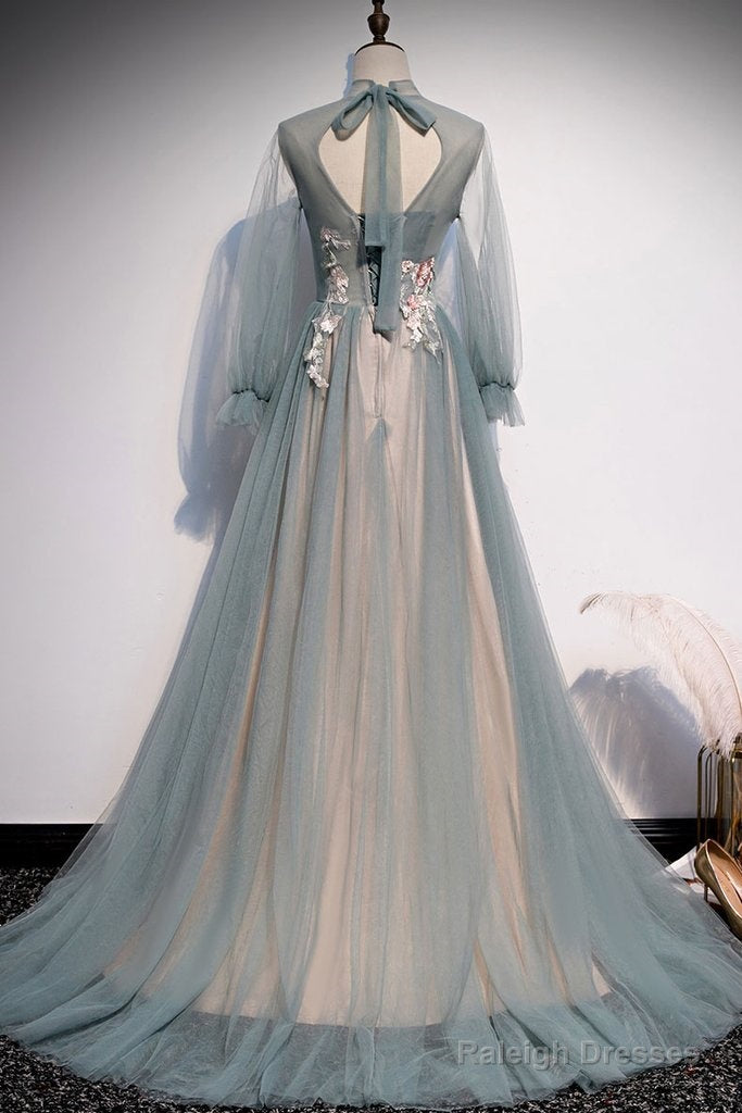 Lace Long Sleeve Unique A-Line Tulle Appliques Long Prom Dresses