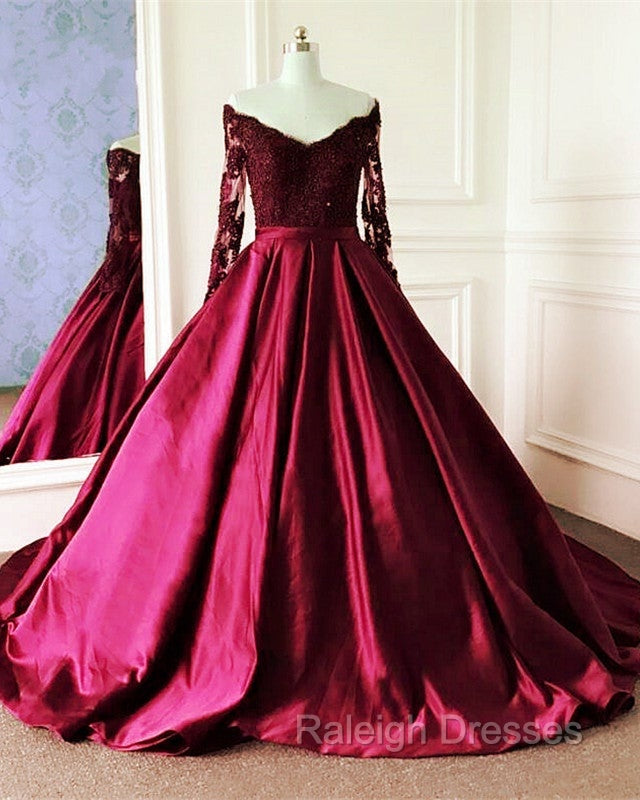 Lace Long Sleeves Ball Gown Satin Dresses Off The Shoulder
