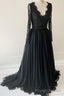 Lace Long Sleeves Black Evening Gown with Chiffon Skirt