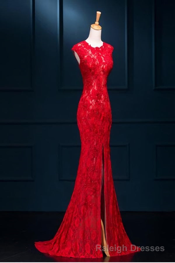 Lace Mermaid Slit Wedding Prom Dress, Charming Formal Gowns