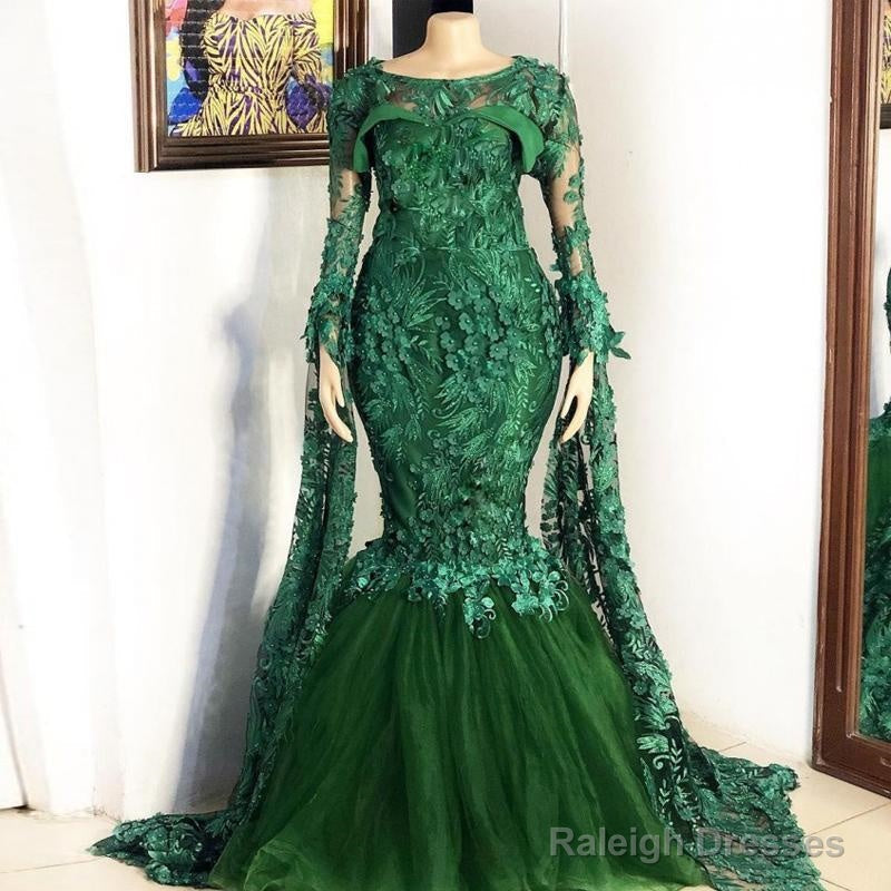 Lace Prom Dress Mermaid Prom Dress Long Sleeve Prom Dress Green Prom Dress