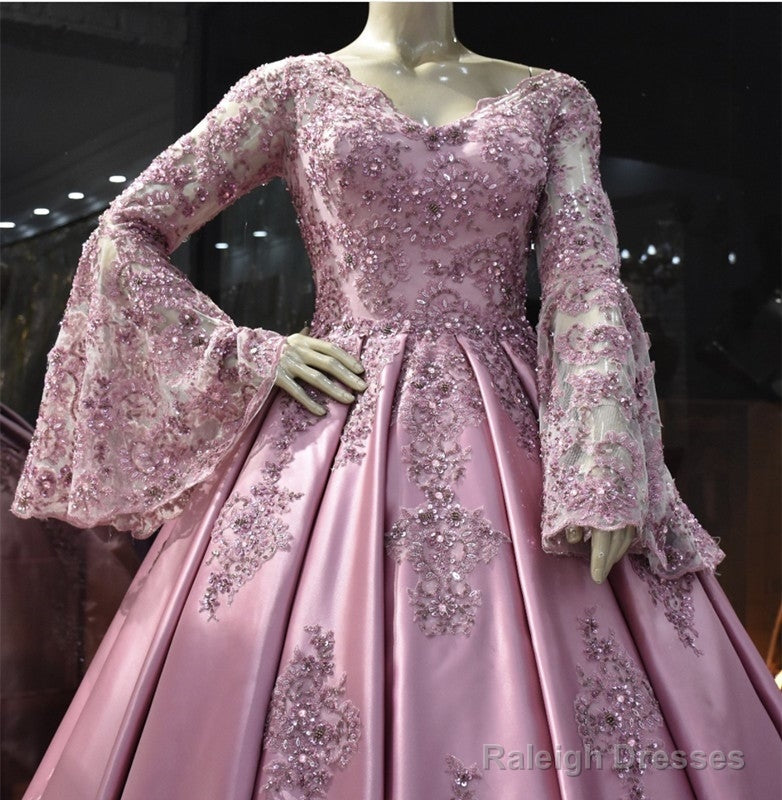 Lace Puffy Sleeves Satin Ball Gown V-Neck Dress