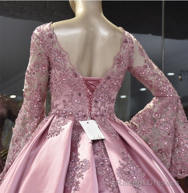 Lace Puffy Sleeves Satin Ball Gown V-Neck Dress