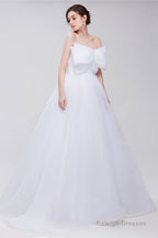 Lace Sheer Waist Long Pleated A-line Train Wedding Dresses with Half Sleeves