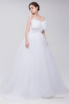 Lace Sheer Waist Long Pleated A-line Train Wedding Dresses with Half Sleeves