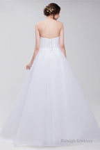Lace Sheer Waist Long Pleated A-line Train Wedding Dresses with Half Sleeves