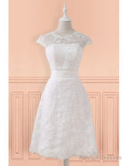 Lace Short Belt Cap Sleeve Wedding Reception Dress For Mature Brides