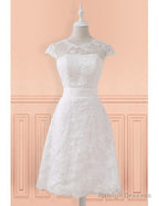 Lace Short Belt Cap Sleeve Wedding Reception Dresses For Mature Brides