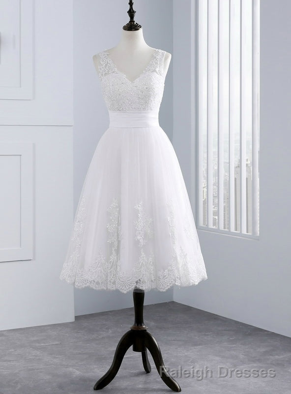 Lace Short V-Neck Appliques Tea Length Wedding Dress Main image