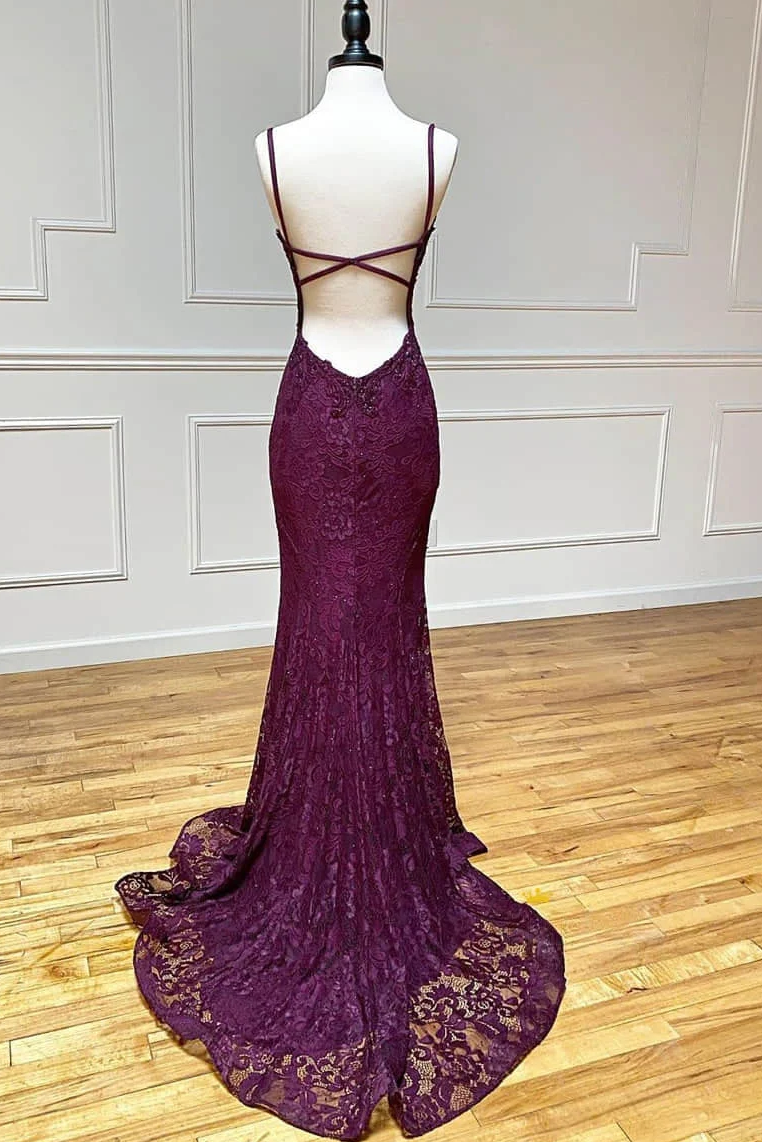 Lace Spaghetti Straps V-Neck Mermaid Prom Dresses With Slit