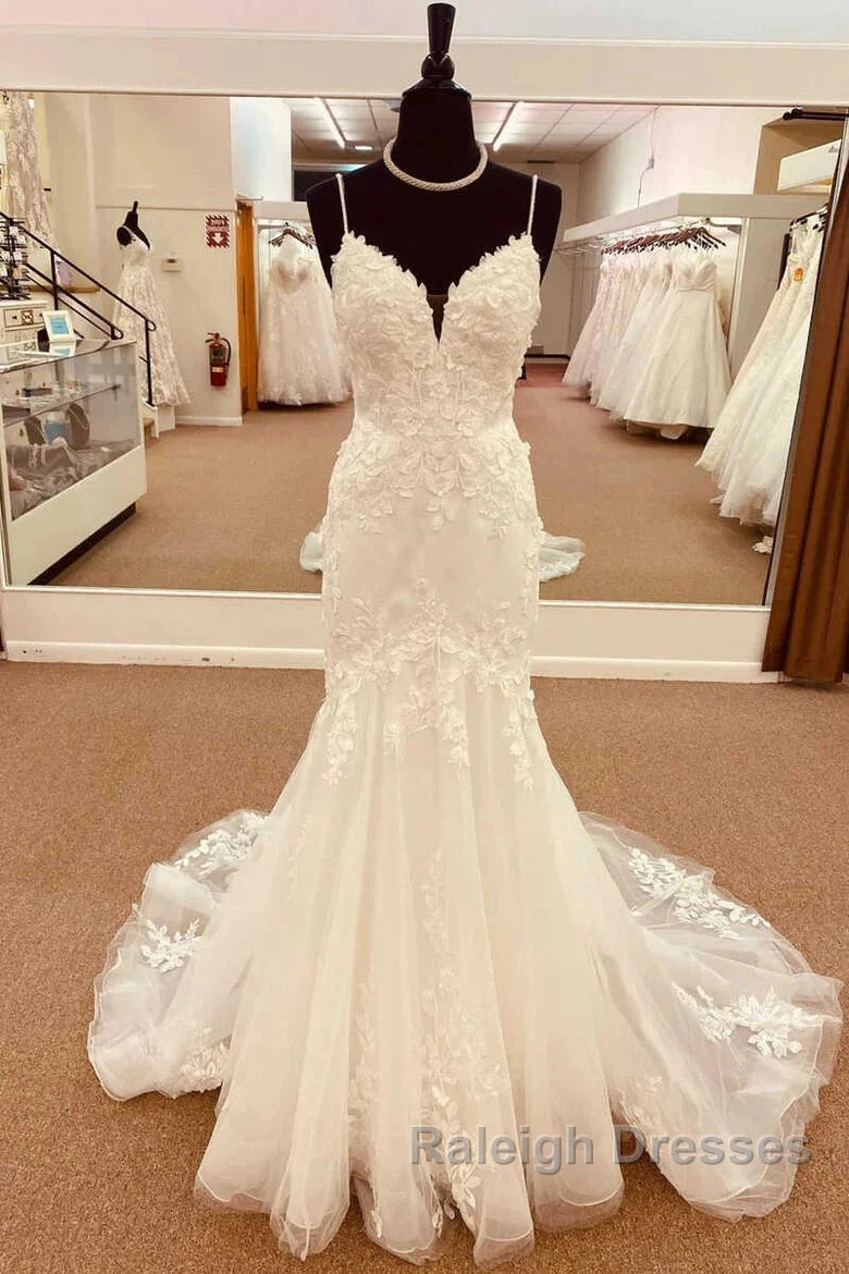 Lace Straps Backless Trumpet Long Wedding Dress