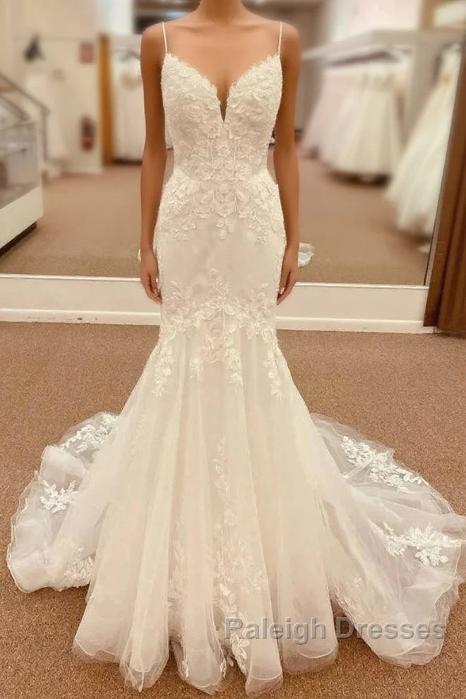 Lace Straps Backless Trumpet Long Wedding Dress Main image