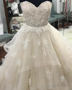 Lace Sweetheart Beaded Sashes Ruffles Tulle Ball Gowns Wedding Dresses