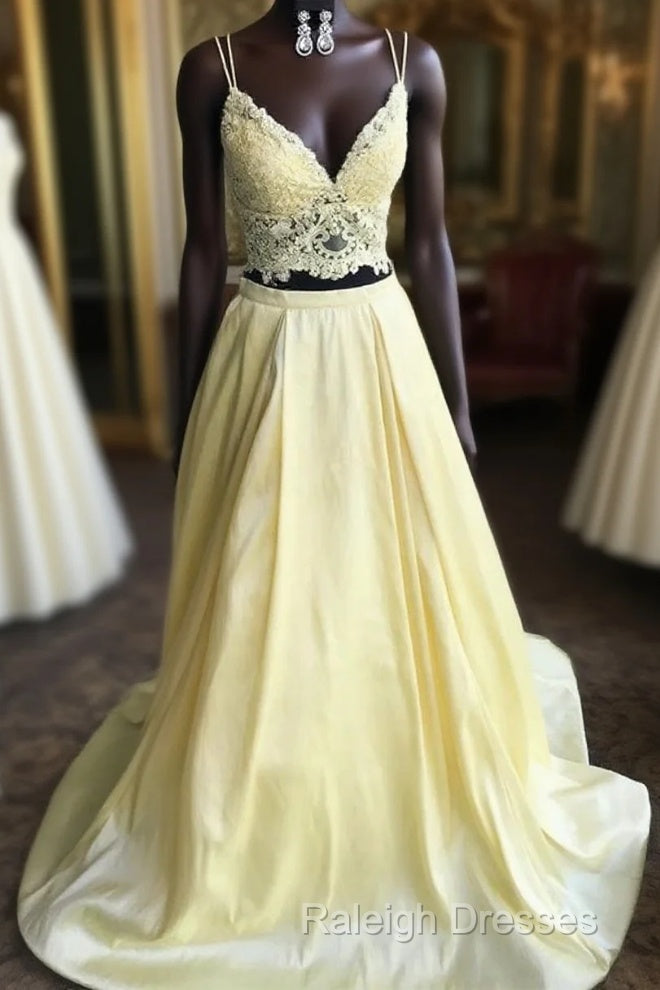 Lace Top Long Satin V Neck Two Pieces Yellow Prom Dress