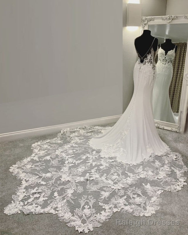 Lace Train Mermaid Wedding Dress V Neck Open Back Main image