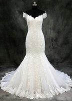 Lace Trumpet/Mermaid Sweep Train Off-The-Shoulder Wedding Dresses