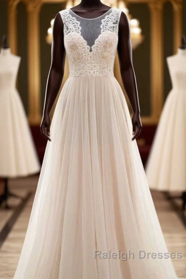 Lace Tulle A Line Floor Length Wedding Dresses