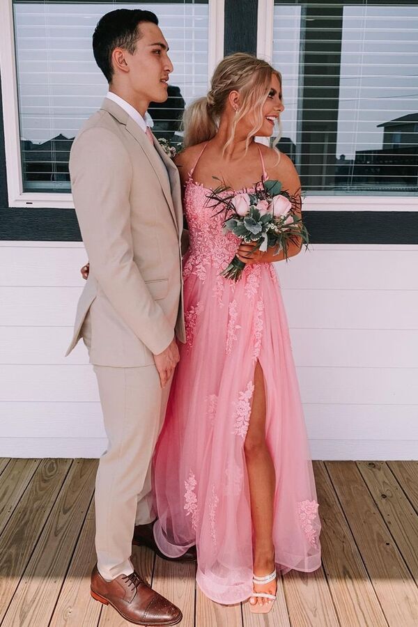 Lace Up Back Pink A-Line Empire-Waist Lace Appliques Long Prom Dresses Main image