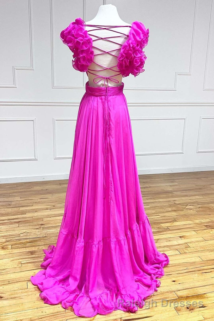Lace-Up Fuchsia V Neck Ruffle Pleated Long Prom Dress Secondary image