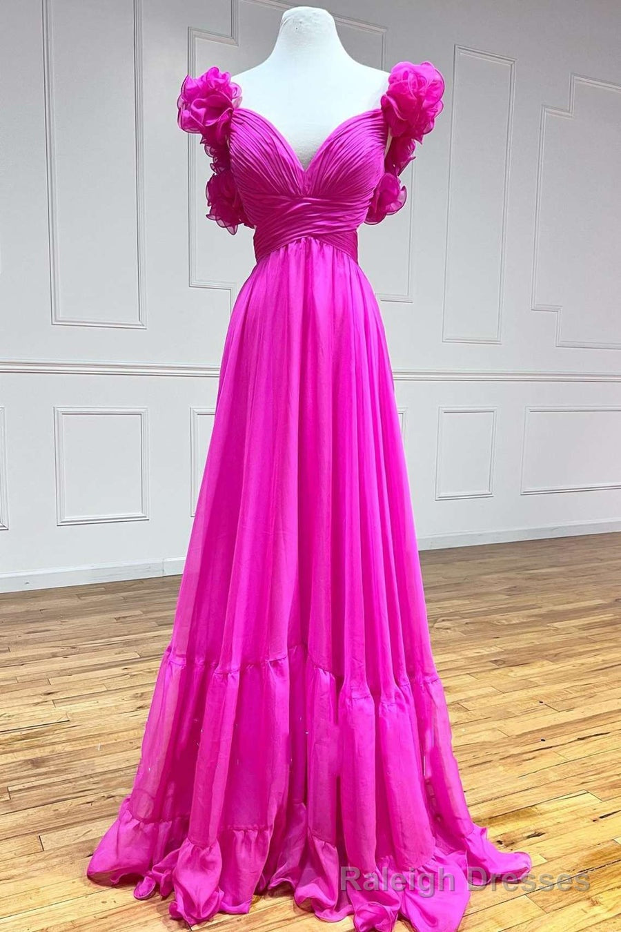 Lace-Up Fuchsia V Neck Ruffle Pleated Long Prom Dress Main image