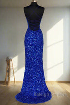 Lace-Up High Slit Royal Blue Glitters Long Party Dress