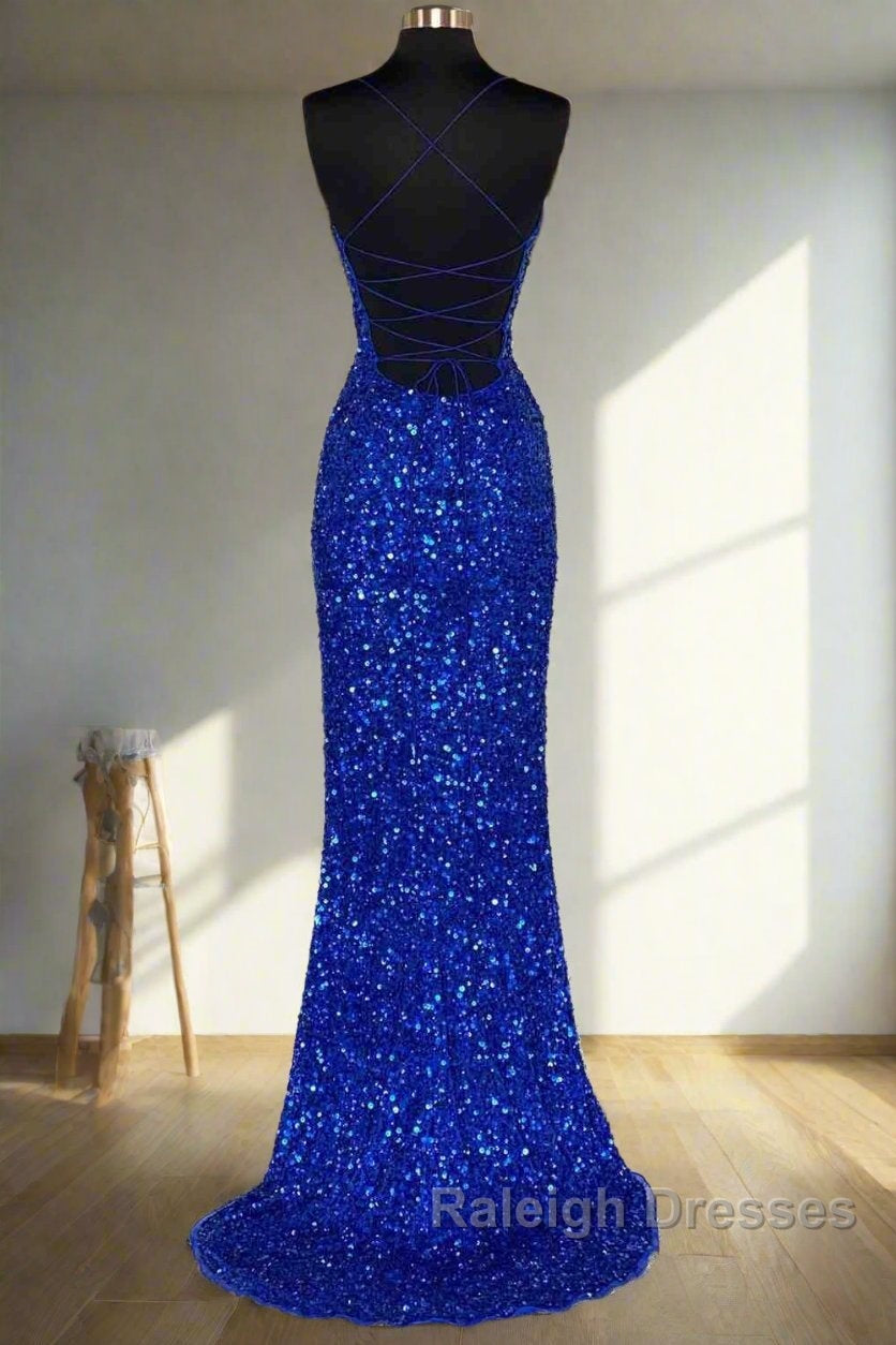 Lace-Up High Slit Royal Blue Glitters Long Prom Dresses