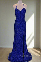 Lace-Up High Slit Royal Blue Glitters Long Prom Dresses