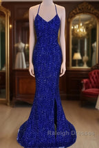 Lace-Up High Slit Royal Blue Glitters Long Party Dress