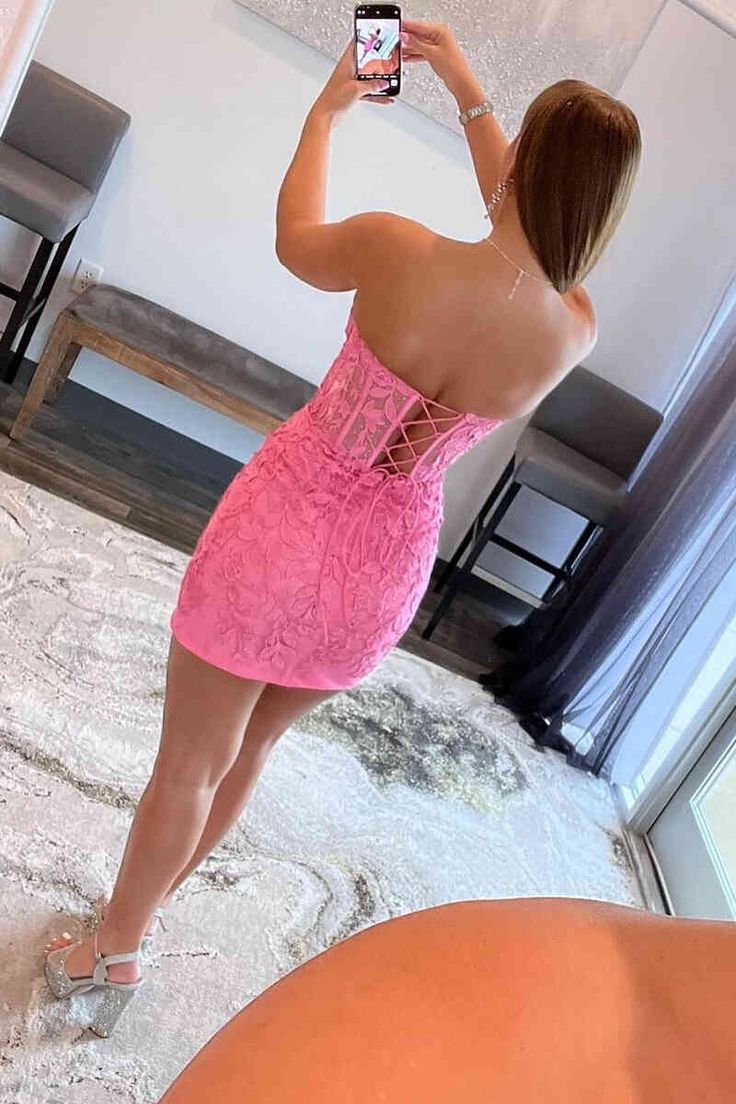Lace-Up Hot Pink Corset Appliqued Bodycon Homecoming Dress Secondary image