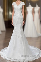 Lace V-Neck Cap Sleeve Trumpet Wedding Dress